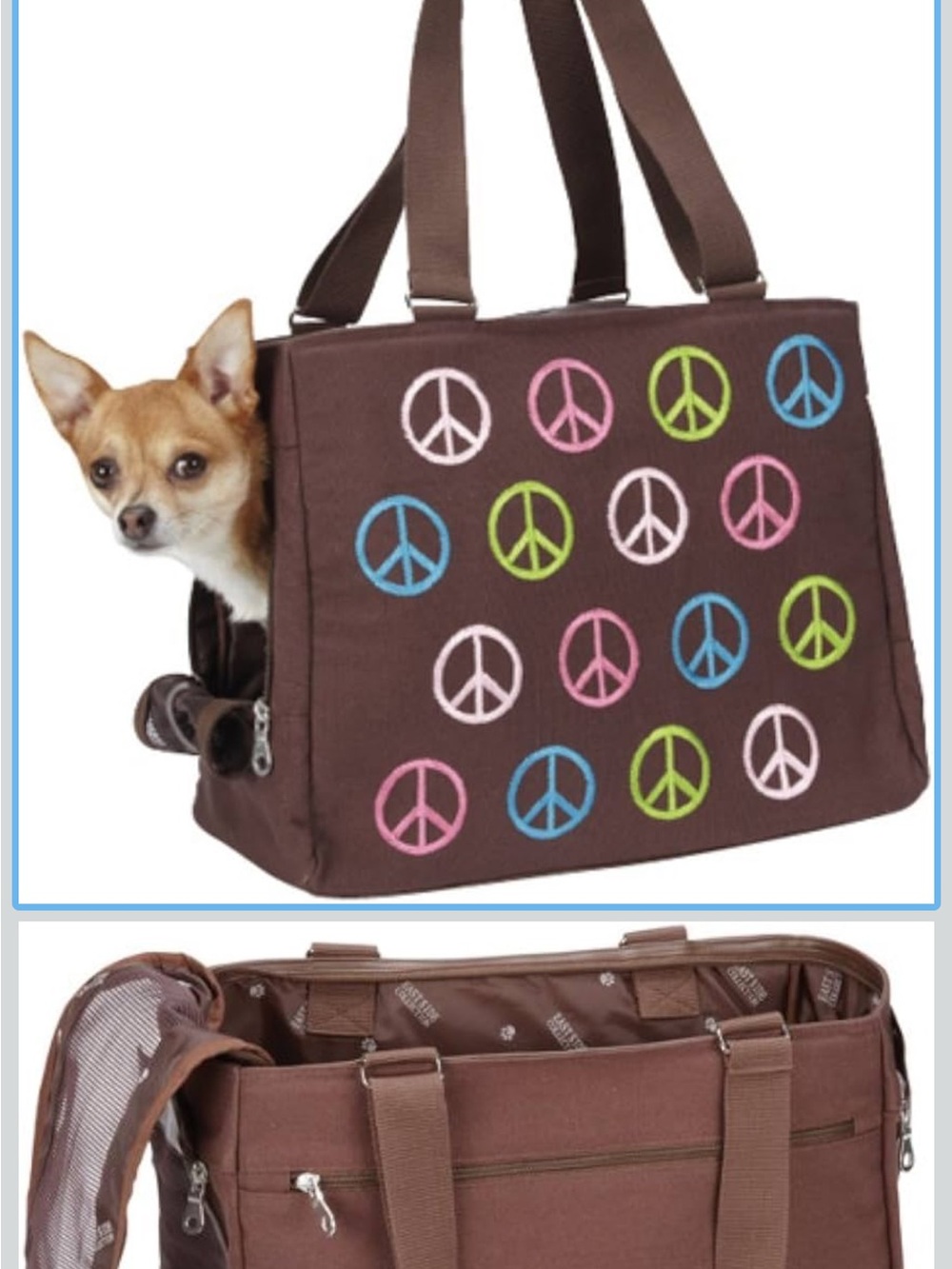 Brown Peace Sign Pet Carrier Tote - Stylish Small Dog Travel Bag